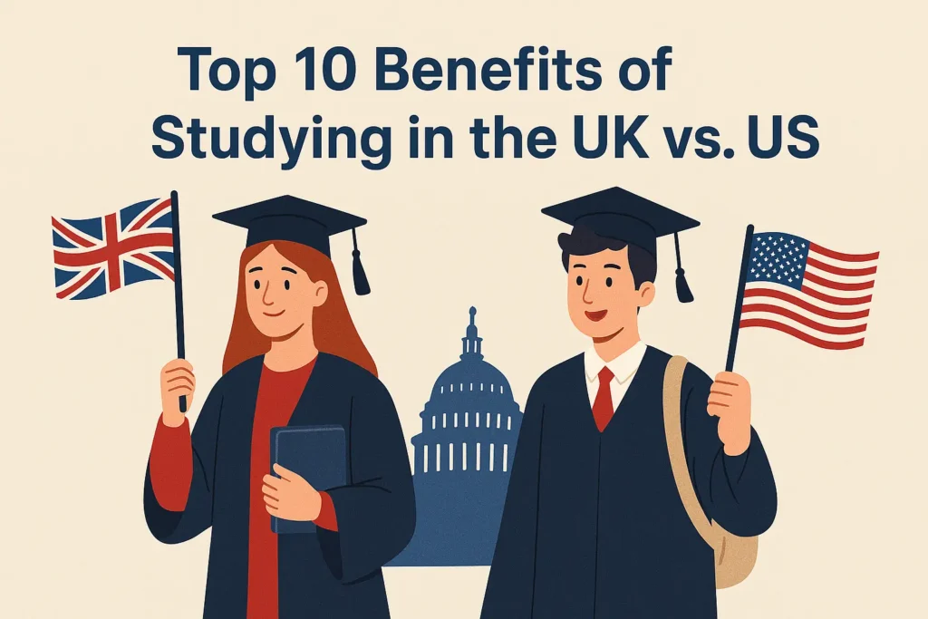 Top 10 Benefits of Studying in the UK vs. US, study in UK benefits, study in US advantages, best universities in UK and US, international student life in UK and US, PR after study in UK and US, scholarships to study in UK and US, UK post-study visa, US OPT program, student healthcare in UK and US, living in UK vs US for students, study abroad UK vs US